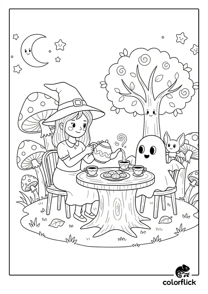 A black and white coloring page of a cute witch having a tea party with a ghost and a bat under a smiling moon.