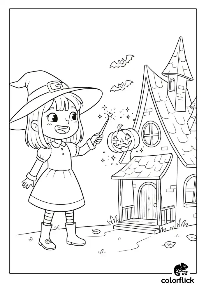 A black and white coloring page of a cute young witch holding a magic wand in front of a spooky haunted house.