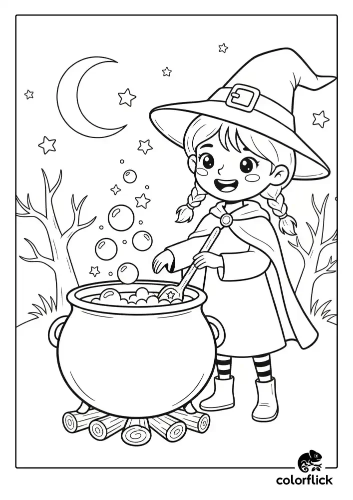 A black and white coloring page of a cute young witch in a cape stirring a bubbling cauldron outdoors under a crescent moon.