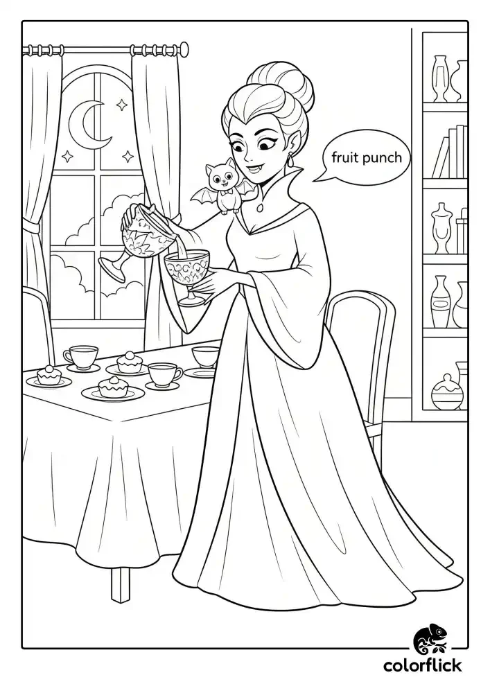 A black and white coloring page of an elegant vampiress with a pet bat on her shoulder, pouring fruit punch at a tea party