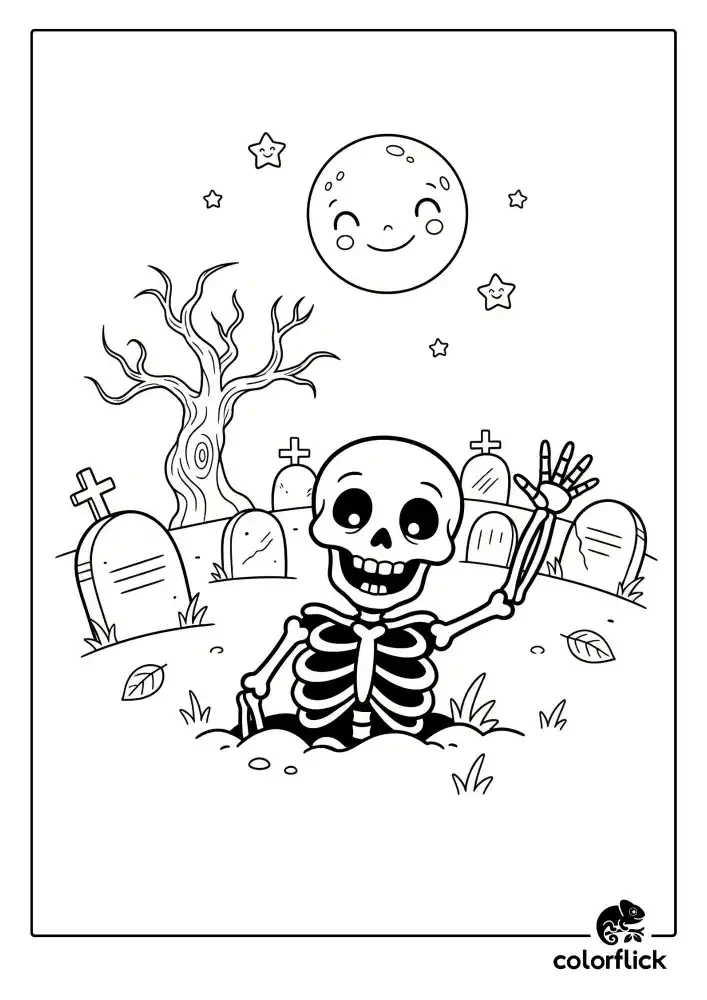 A black and white coloring page of a friendly cartoon skeleton waving as it comes out of the ground in a cemetery at night under a smiling moon.