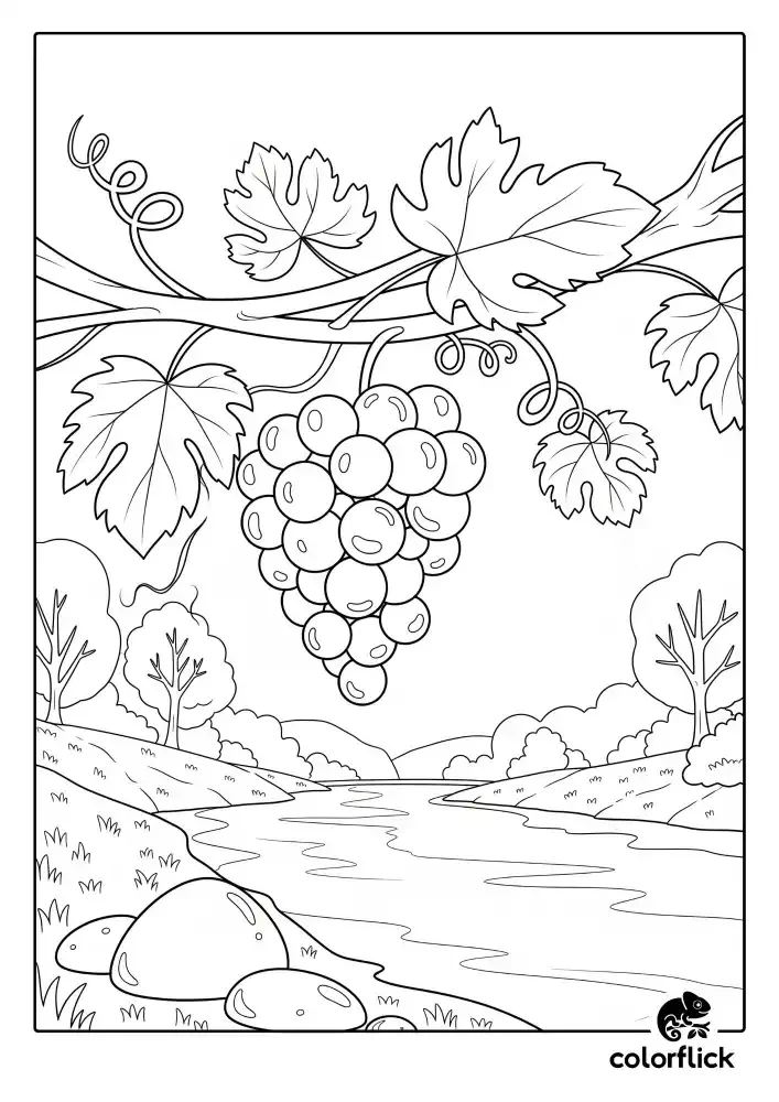 A black and white coloring page of a bunch of grapes hanging from a vine in the foreground, with a scenic river and landscape in the background.