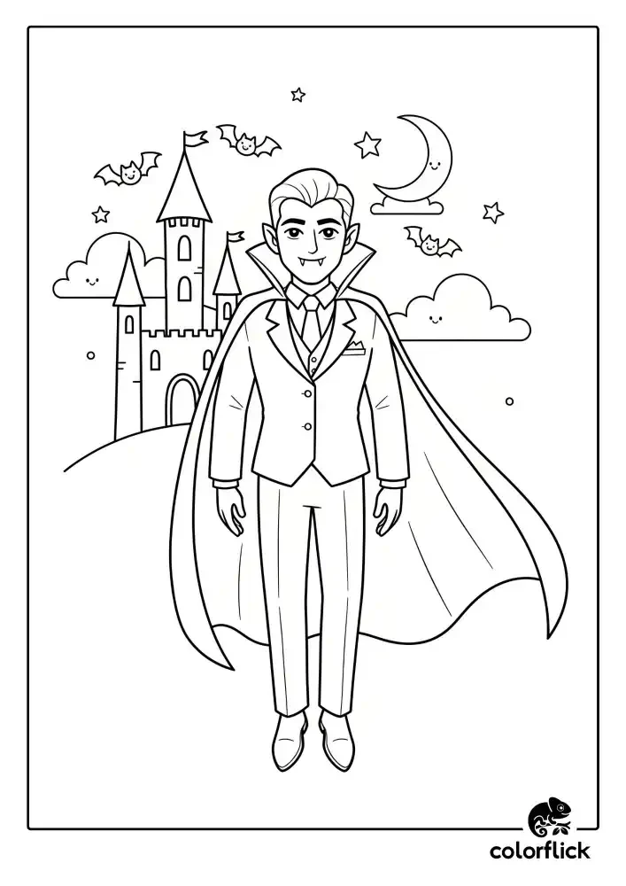 A black and white coloring page of a handsome vampire in a suit and cape, floating in front of his castle under a crescent moon