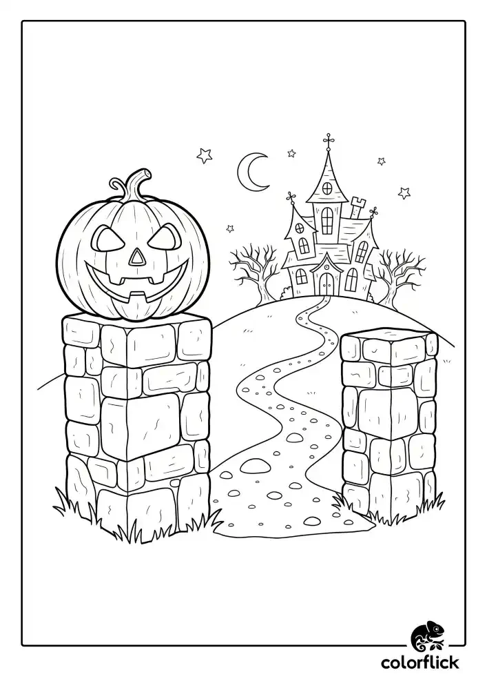 A black and white coloring page of a spooky haunted house on a hill, with a winding path leading up to it and a large jack-o'-lantern on a gate pillar