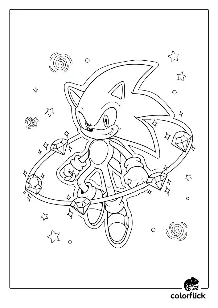 A black and white coloring page of Sonic's powerful Super Sonic form, floating in space with the seven Chaos Emeralds orbiting him.