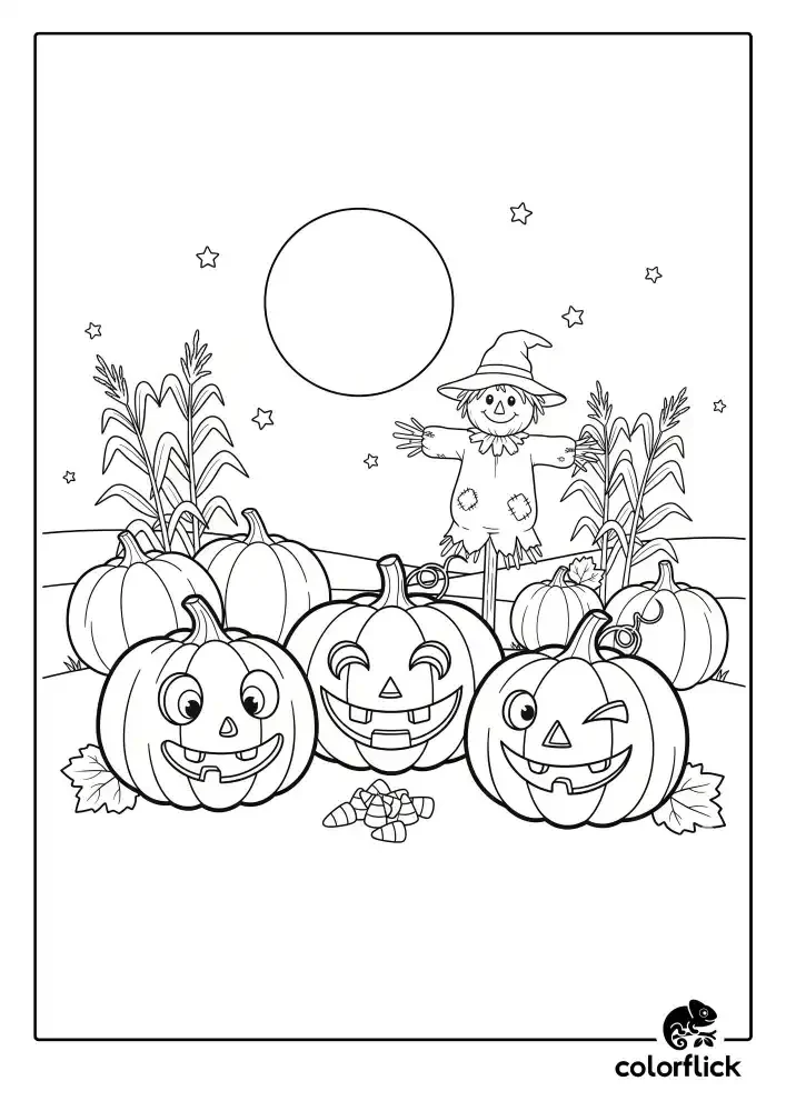 A black and white coloring page of a friendly pumpkin patch at night, with multiple smiling jack-o'-lanterns, a scarecrow, and a full moon