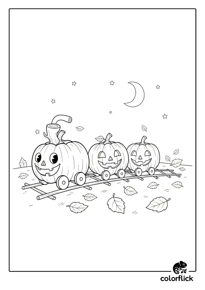 A black and white coloring page of a cute pumpkin train, with three jack-o'-lanterns as cars, riding on railroad tracks on a starry autumn night