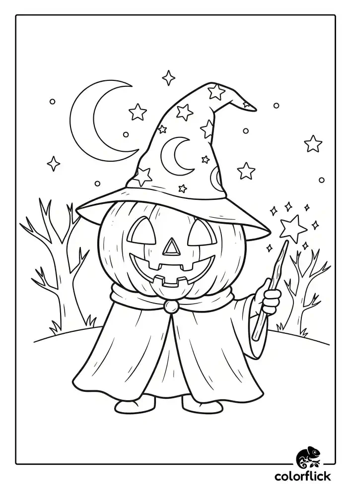 A black and white coloring page of a jack-o'-lantern dressed as a wizard, wearing a cape and a starry hat, and holding a magic wand.