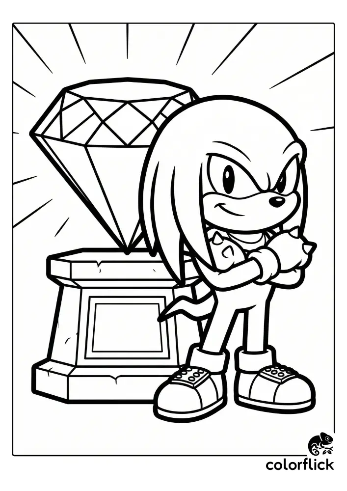 A chibi-style coloring page featuring Knuckles the Echidna standing with crossed arms next to the giant, radiating Master Emerald on a stone pedestal.