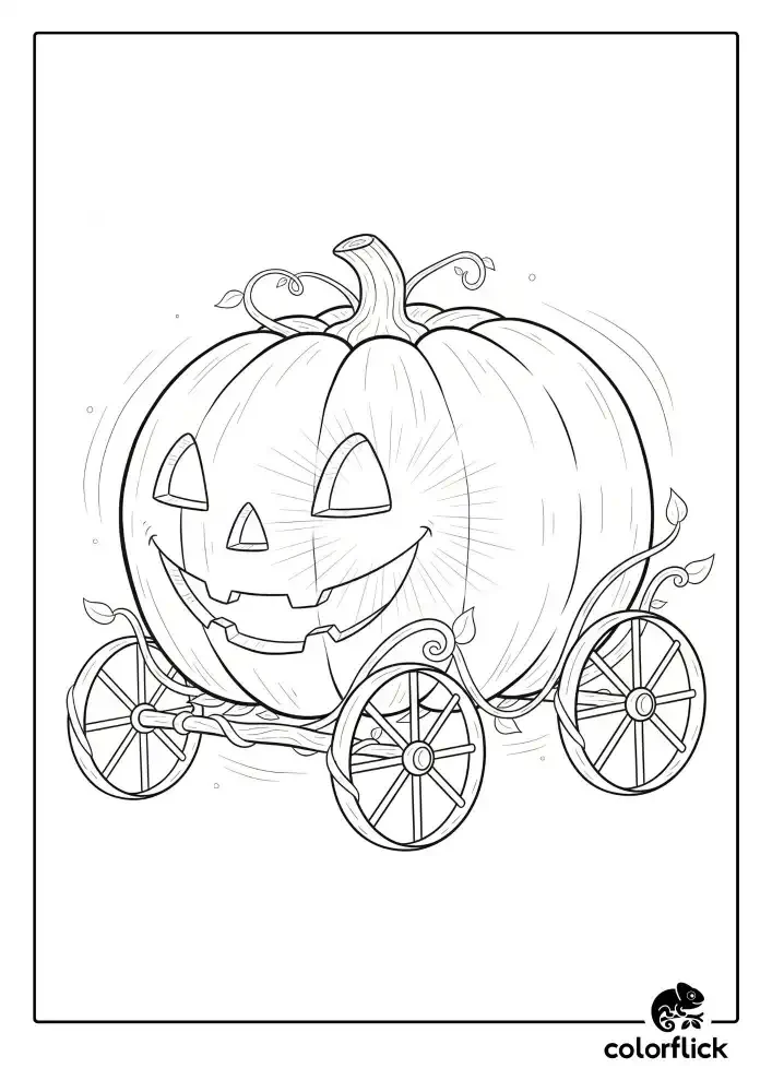 A black and white coloring page of a smiling jack-o'-lantern that has been magically transformed into an elegant carriage with ornate wheels