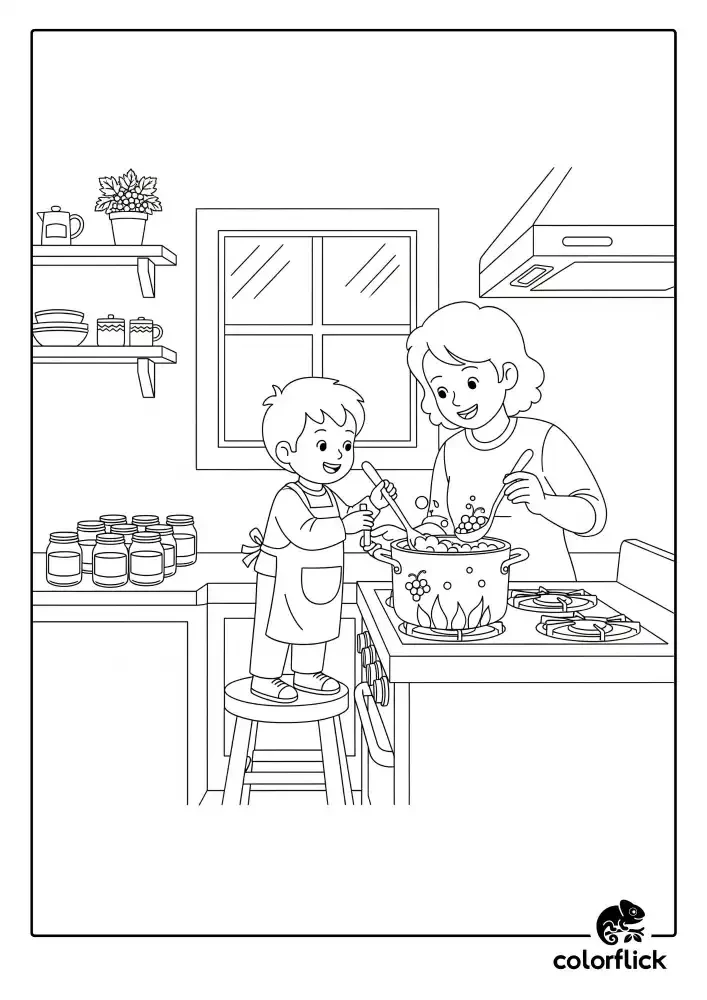 A black and white coloring page of a mother and her son happily cooking together, stirring a large pot of grapes on the stove to make jam.