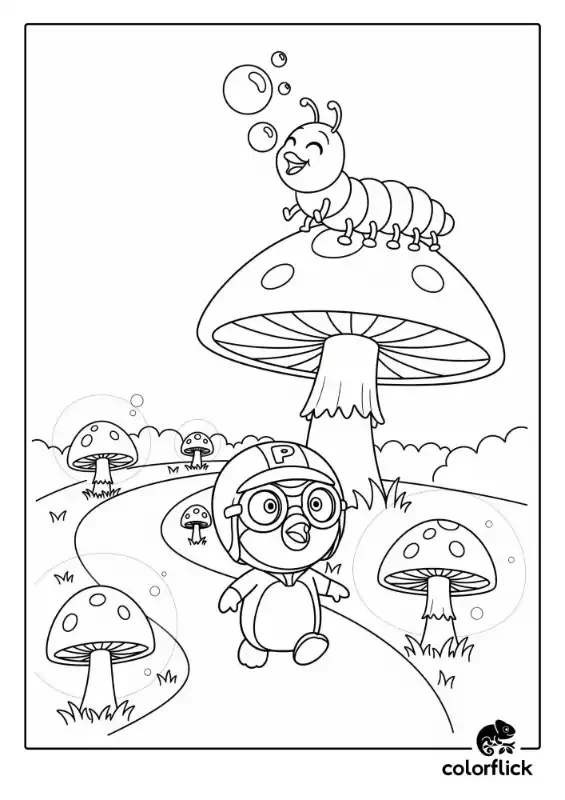 A black and white coloring page of Pororo walking through a magical land of giant mushrooms and meeting a friendly caterpillar blowing bubbles.