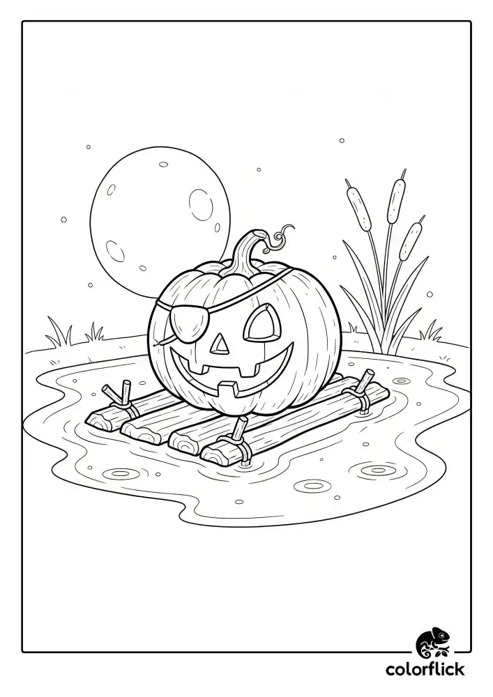 A black and white coloring page of a spooky jack-o'-lantern pirate with an eyepatch, floating on a small wooden raft in a swamp at night