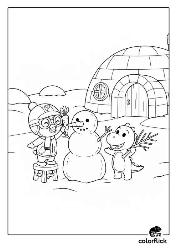 A black and white coloring page of Pororo and his friend Crong happily building a snowman together outside their igloo