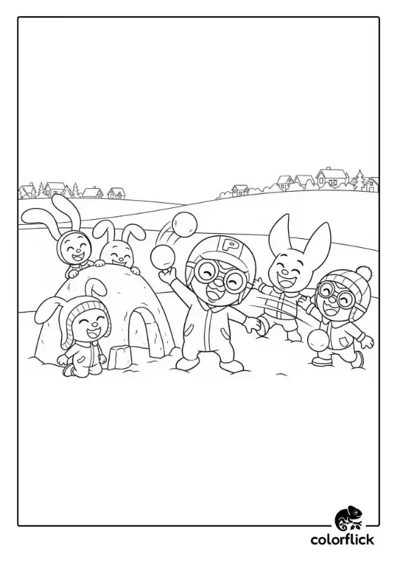 A black and white coloring page of Pororo, Eddy, Loopy, and friends having a fun and energetic snowball fight in their snowy village