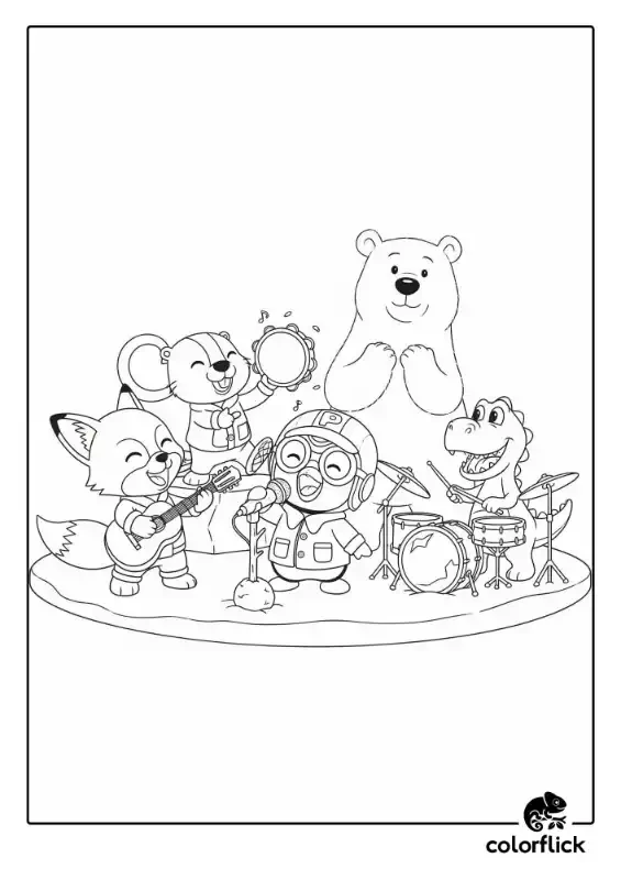 A black and white coloring page of Pororo and friends playing music as a band, with Pororo singing, Eddy on guitar, Crong on drums, and Loopy on tambourine