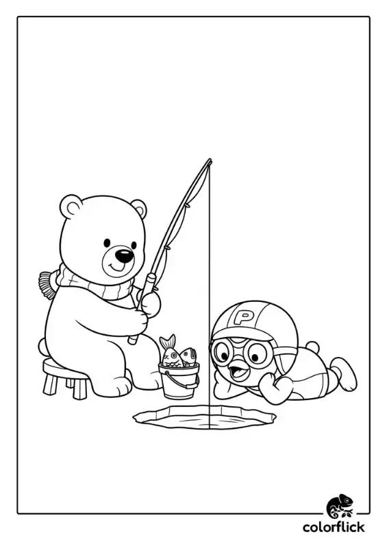 A black and white coloring page of Pororo and his friend Poby the polar bear ice fishing together, with Poby holding the rod and Pororo looking in the hole