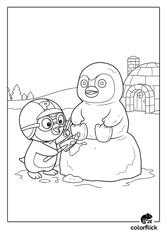 A black and white coloring page of Pororo the penguin using tools to carve a detailed snow sculpture of another penguin.