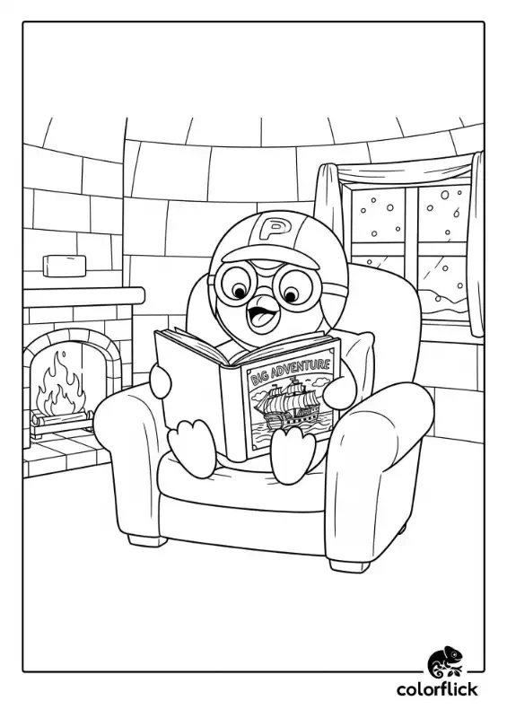 A black and white coloring page of Pororo sitting in an armchair and excitedly reading a "Big Adventure" book by a warm fireplace while it snows outside