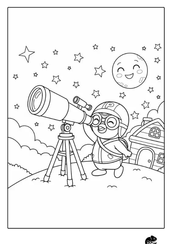 A black and white coloring page of Pororo the penguin looking at the stars and a smiling moon through a telescope at night.