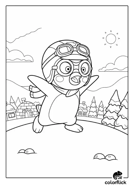 A black and white coloring page of a happy Pororo the penguin running with his arms outstretched, pretending to fly through his snowy village.