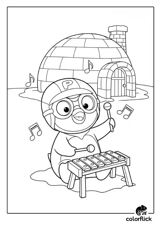 A black and white coloring page of Pororo the Little Penguin happily playing a xylophone in front of his igloo, with music notes in the air