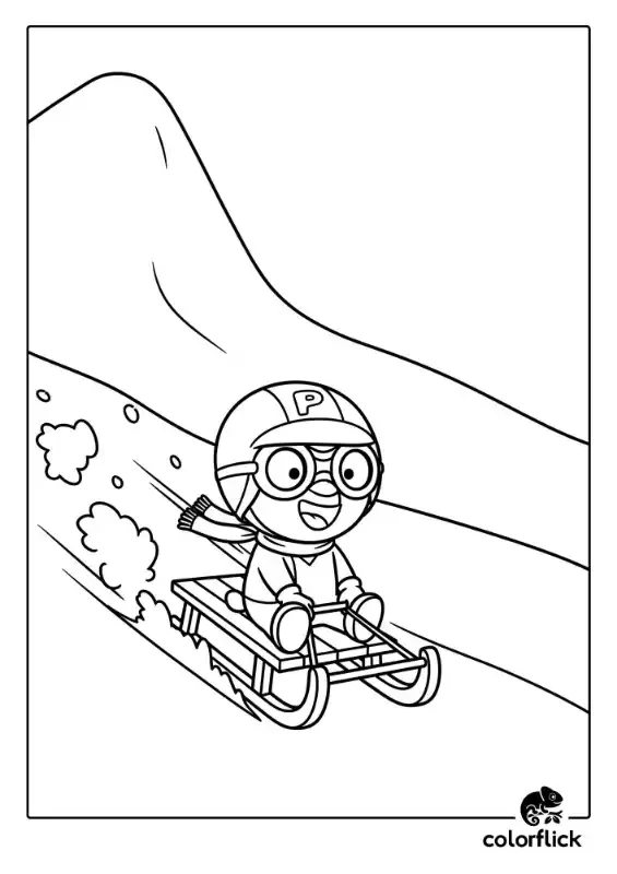 A black and white coloring page of a joyful Pororo the Little Penguin sledding at high speed down a snowy hill on a toboggan