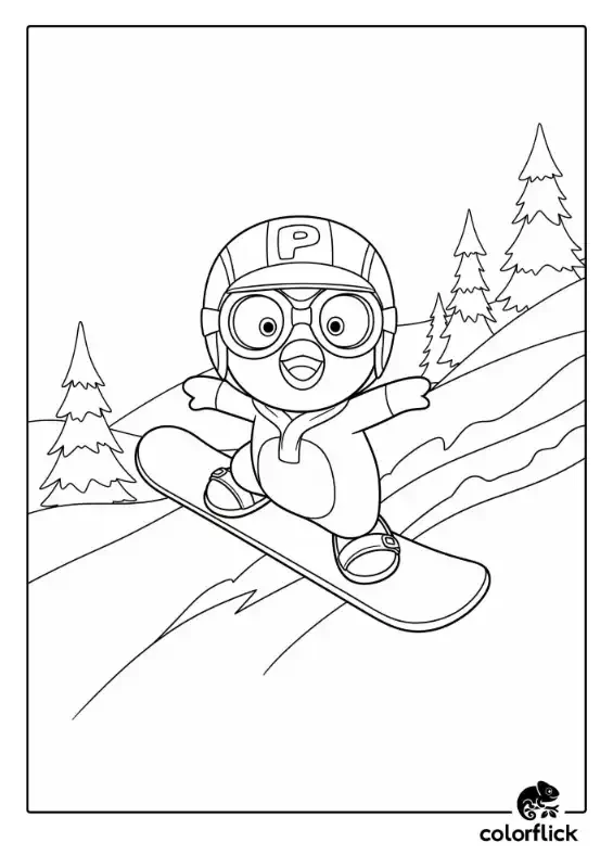 A black and white coloring page of an excited Pororo the Little Penguin snowboarding down a snowy mountain slope