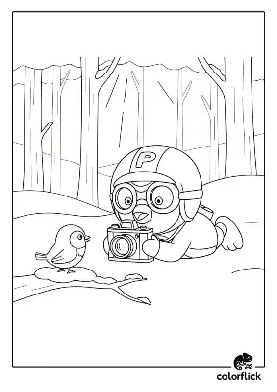 A black and white coloring page of Pororo the penguin lying in a forest, using a camera to take a picture of a small bird on a branch