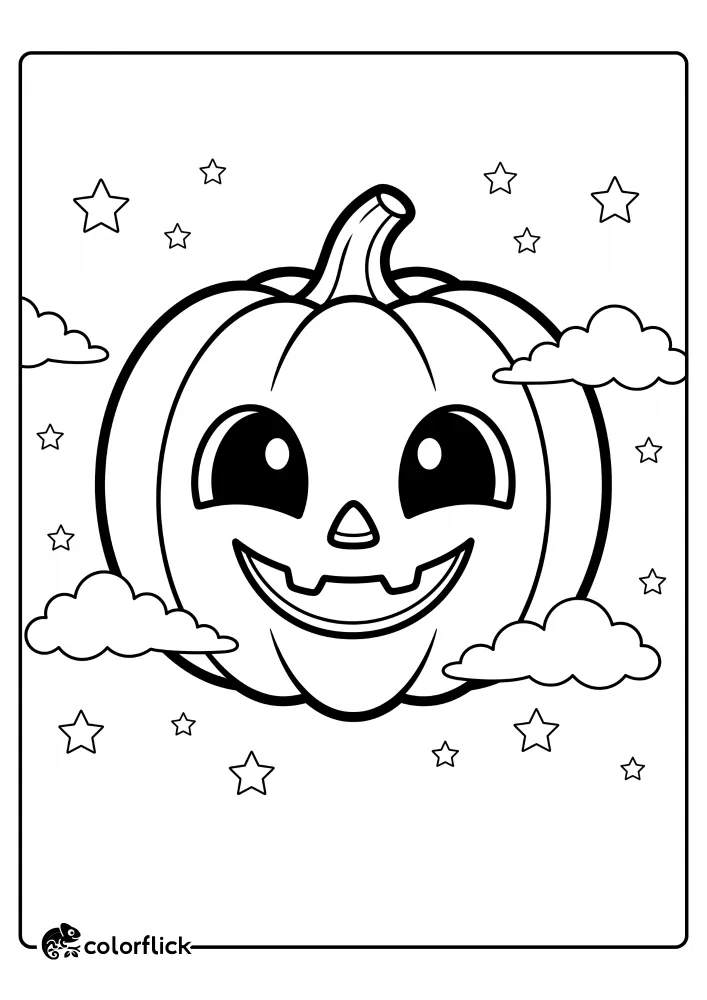 A free printable coloring sheet featuring a large, smiling jack-o'-lantern floating in the sky like a full moon, surrounded by soft clouds and stars.