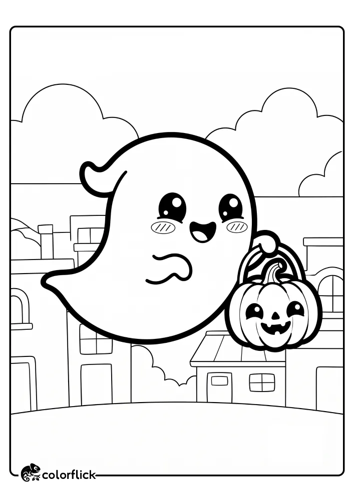 A printable coloring page for kids featuring a happy floating ghost carrying a trick-or-treat jack-o'-lantern with a handle over a simple cartoon town.