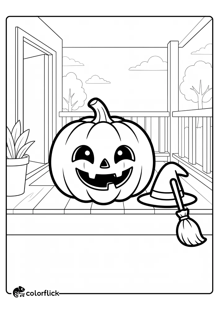 A simple printable coloring page for kids featuring a large, happy jack-o'-lantern sitting on a wooden porch next to a witch's hat and a broom.