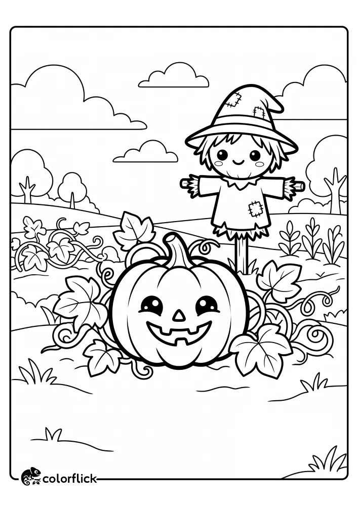A printable coloring page for kids of a friendly smiling jack-o'-lantern in a pumpkin patch with vines, leaves, and a cheerful scarecrow in the background under a cloudy sky. Free printable coloring sheet.