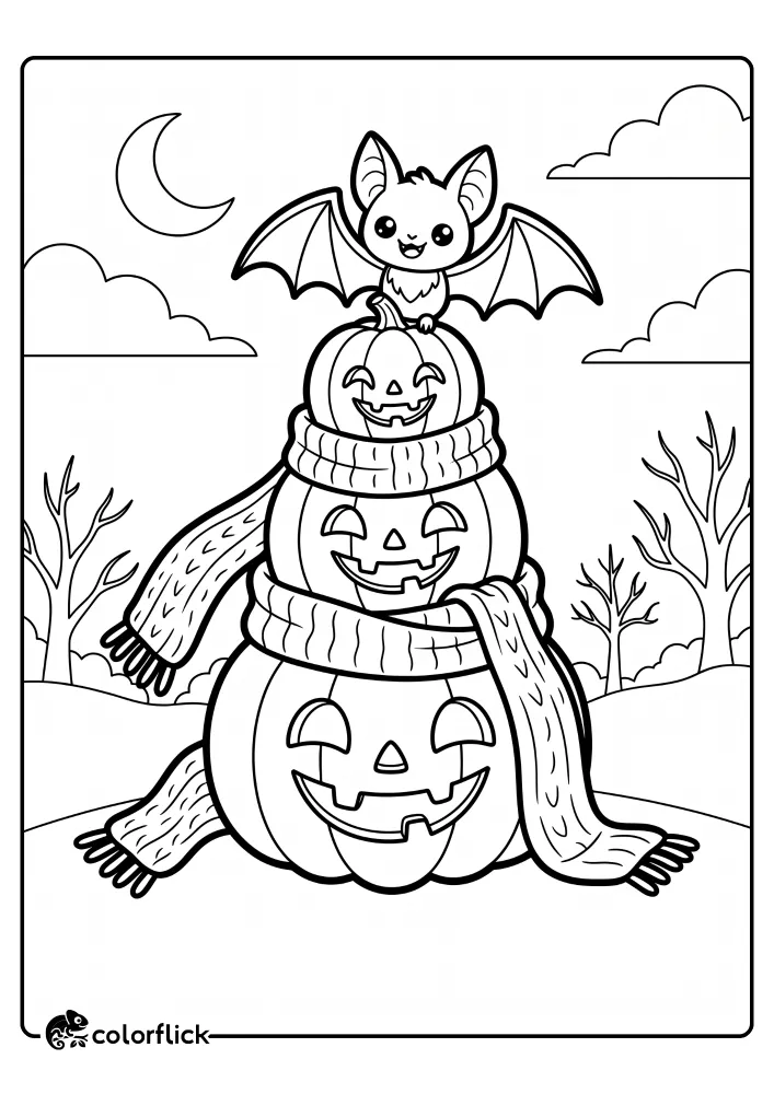 A stacked trio of friendly jack-o'-lanterns wearing knitted scarves with a cute bat perched on top in a spooky autumn landscape; a printable coloring page for kids.