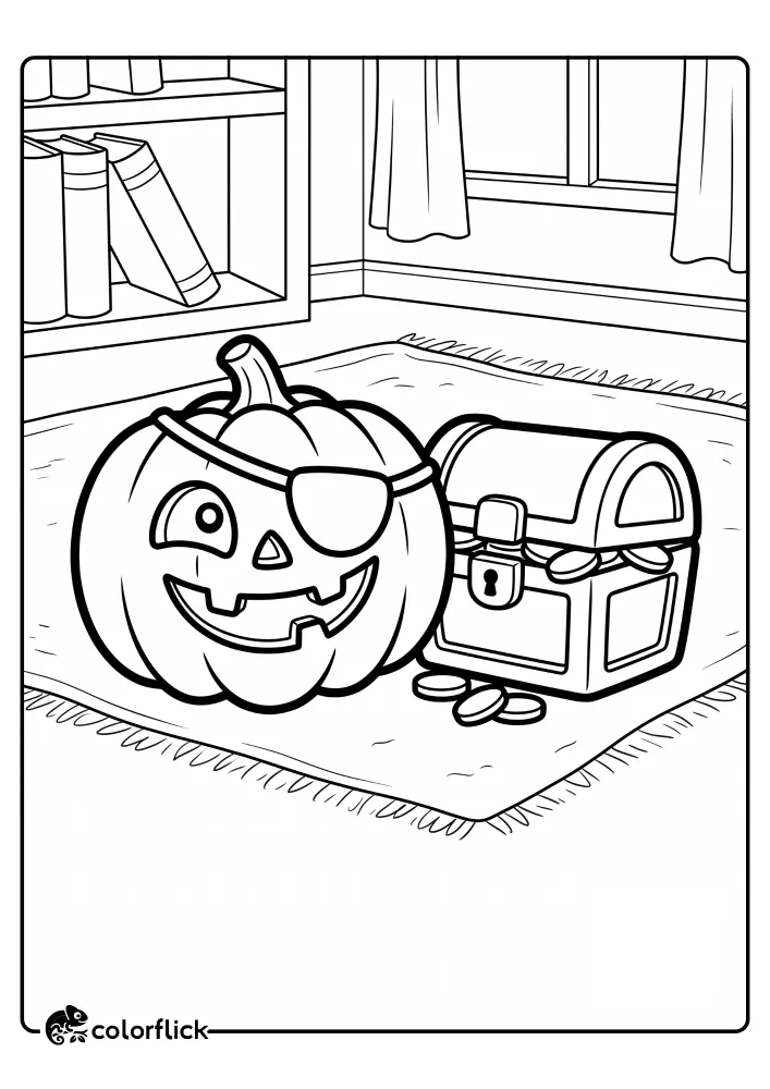 A free printable coloring sheet featuring a silly jack-o'-lantern wearing a pirate eyepatch sitting on a rug next to a toy treasure chest spilling with coins.