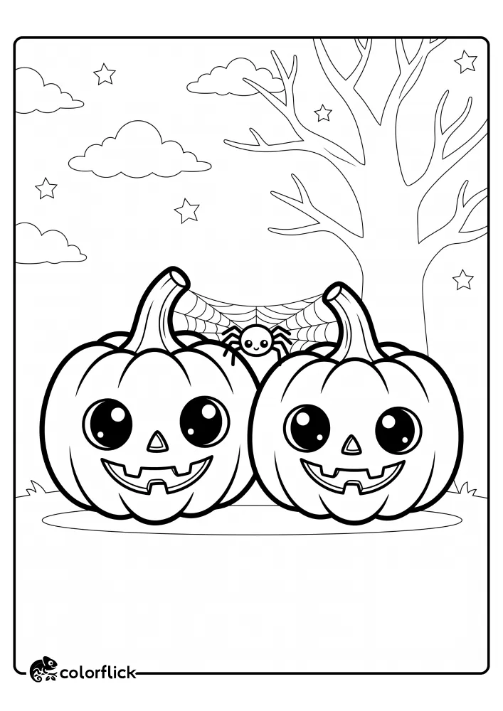 A free printable coloring sheet featuring two smiling jack-o'-lanterns sitting side by side with a friendly spider weaving a delicate web between their stems.