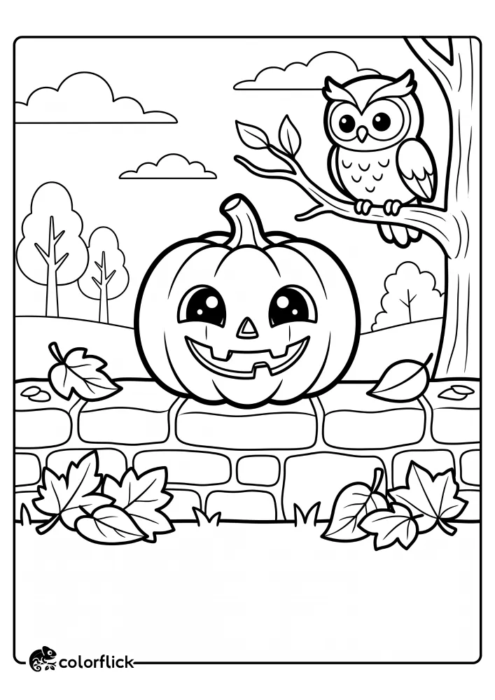A cute printable coloring page for kids featuring a large smiling carved jack-o'-lantern sitting on a stone wall, with an owl watching from a tree branch in an autumn park scene.
