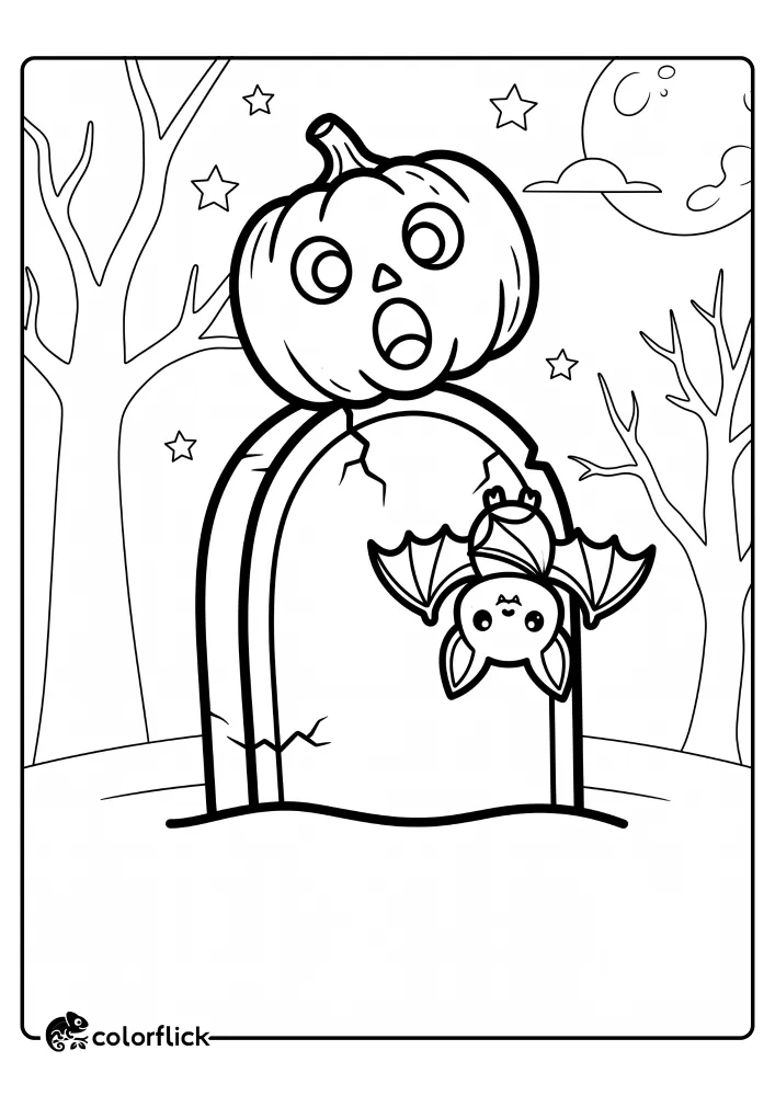 A free printable coloring sheet featuring a surprised jack-o'-lantern sitting on an old rounded tombstone with a small bat hanging upside down.