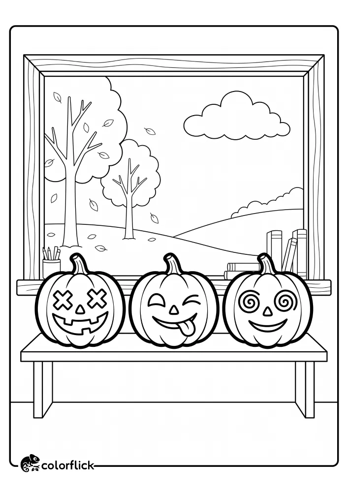 Three small jack-o'-lanterns with silly carved faces sitting on a classroom window sill next to books and pencils, with an autumn landscape outside; a free printable coloring sheet for kids.