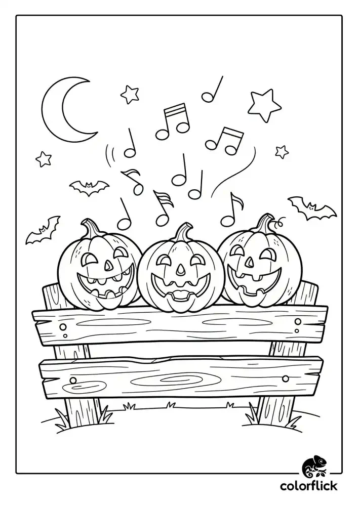 A black and white coloring page of three singing jack-o'-lanterns sitting on a wooden bench, with music notes floating up into the night sky