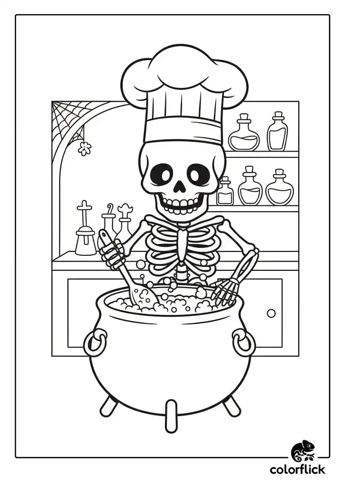 A black and white coloring page of a friendly skeleton wearing a chef's hat and stirring a bubbling potion in a large cauldron.