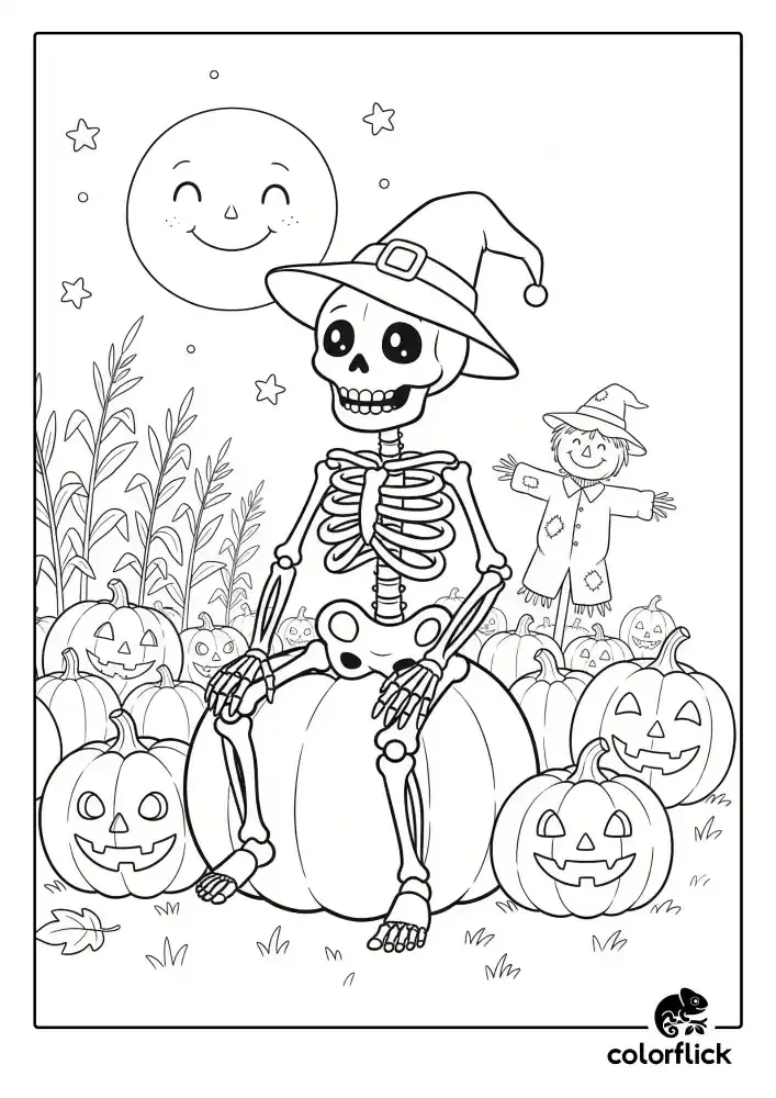 A black and white coloring page of a friendly skeleton wearing a witch's hat, sitting on a large pumpkin in a patch of jack-o'-lanterns at night.