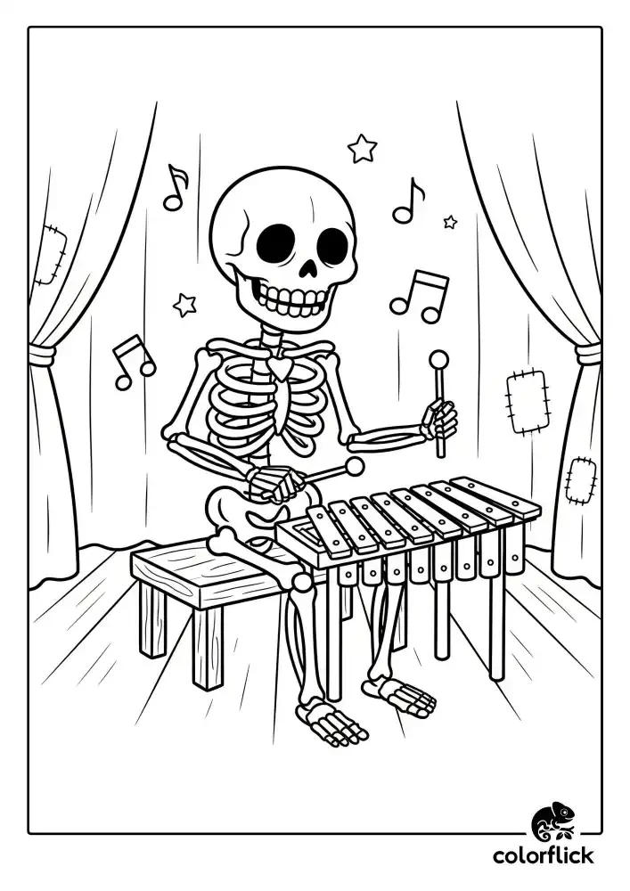 A black and white coloring page of a happy skeleton sitting on a bench and playing a musical tune on a xylophone on a stage.