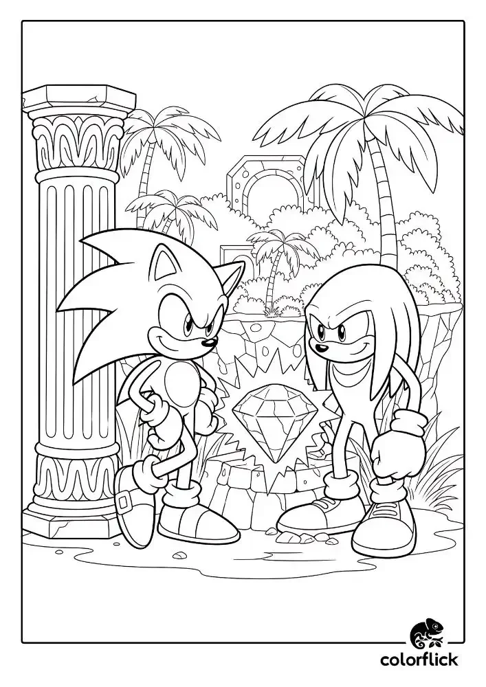 A black and white coloring page of Sonic and Knuckles in a friendly rivalry, facing off in front of the Master Emerald on Angel Island.