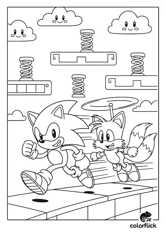 A black and white coloring page of Sonic and his best friend Tails running and flying together through a high-altitude level with springs and platforms.