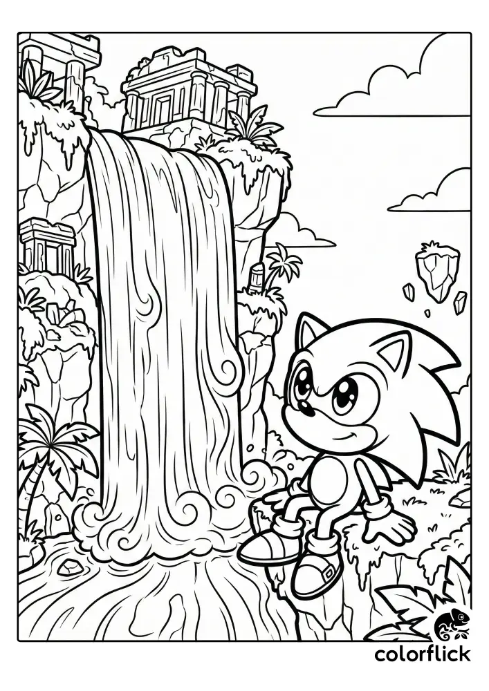 A line art coloring page showing a cute chibi Sonic the Hedgehog sitting on a rock ledge, gazing up at a massive waterfall cascading from ancient ruins covered in tropical foliage on Angel Island.
