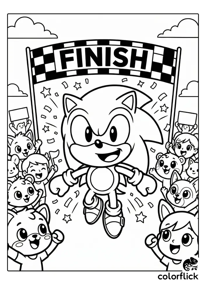 A chibi-style coloring page showing a joyful Sonic the Hedgehog bursting through a checkered finish line banner, surrounded by cheering cute animal and human fans and falling confetti.