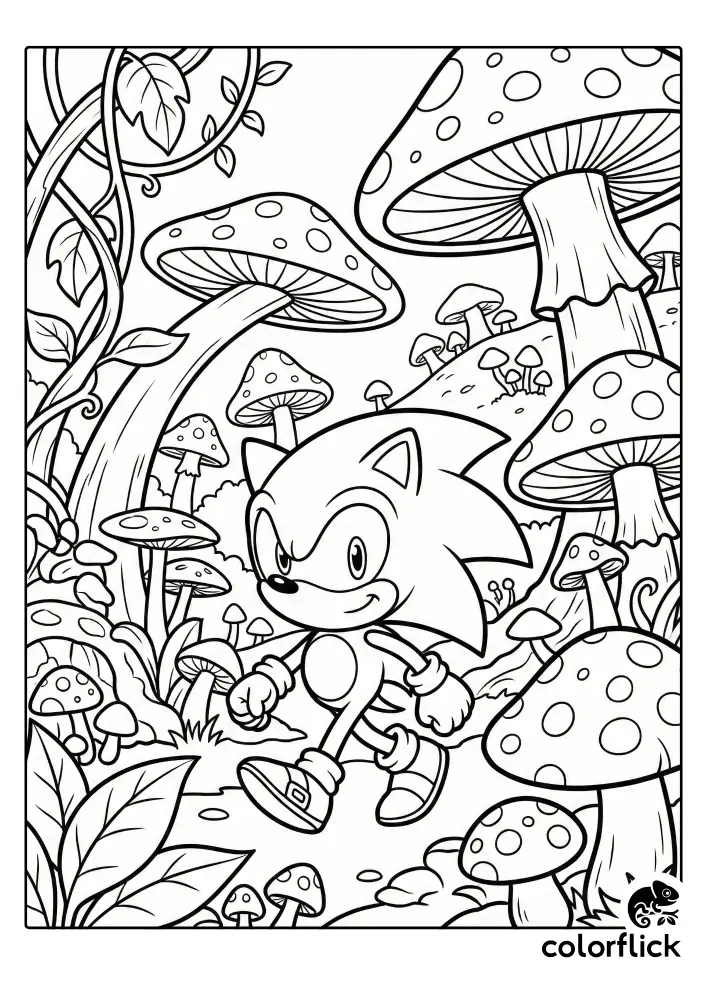 A line art coloring page of Sonic the Hedgehog walking through a whimsical forest filled with giant, spotted mushrooms, vines, and oversized foliage.