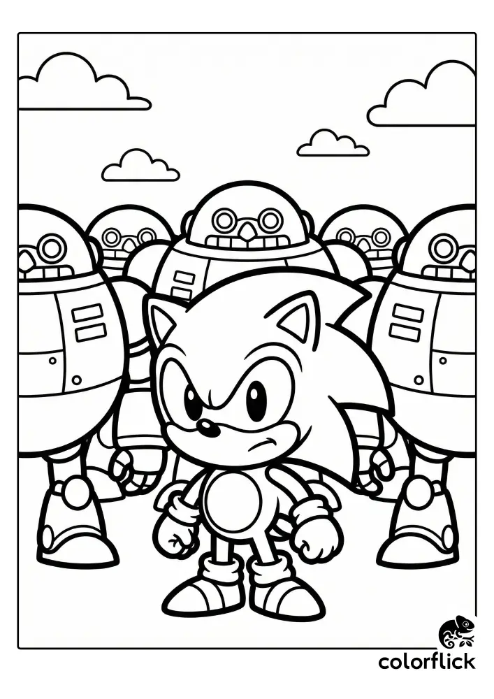 A black and white coloring page illustration showing a cute chibi Sonic the Hedgehog standing determined in front of a large group of Dr. Eggman's round robots under a cloudy sky.