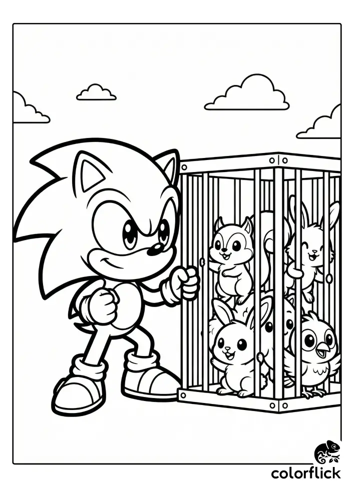 A black and white coloring page illustration showing Sonic the Hedgehog standing next to a metal cage filled with small, cute forest animals like squirrels and rabbits.